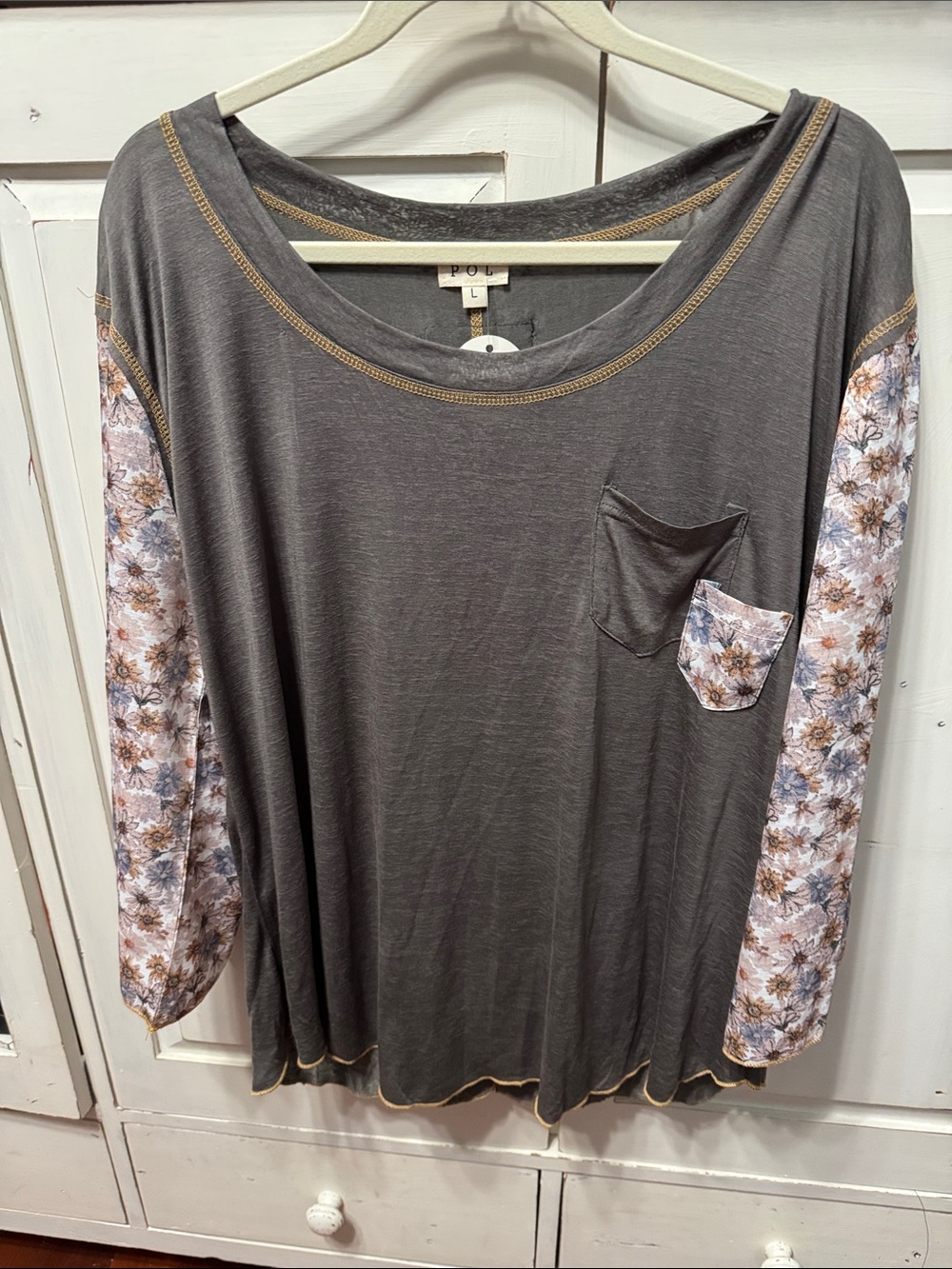POL Gray Scoop Neck Top with Floral Print Sleeves and Pocket